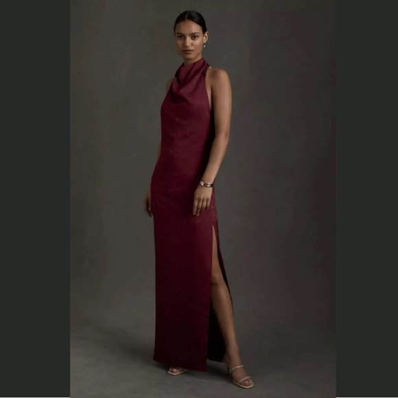 BHLDN Fame and Partners Chrisley Jacquard Halter Dress in Dark Berry - Picture 1 of 14